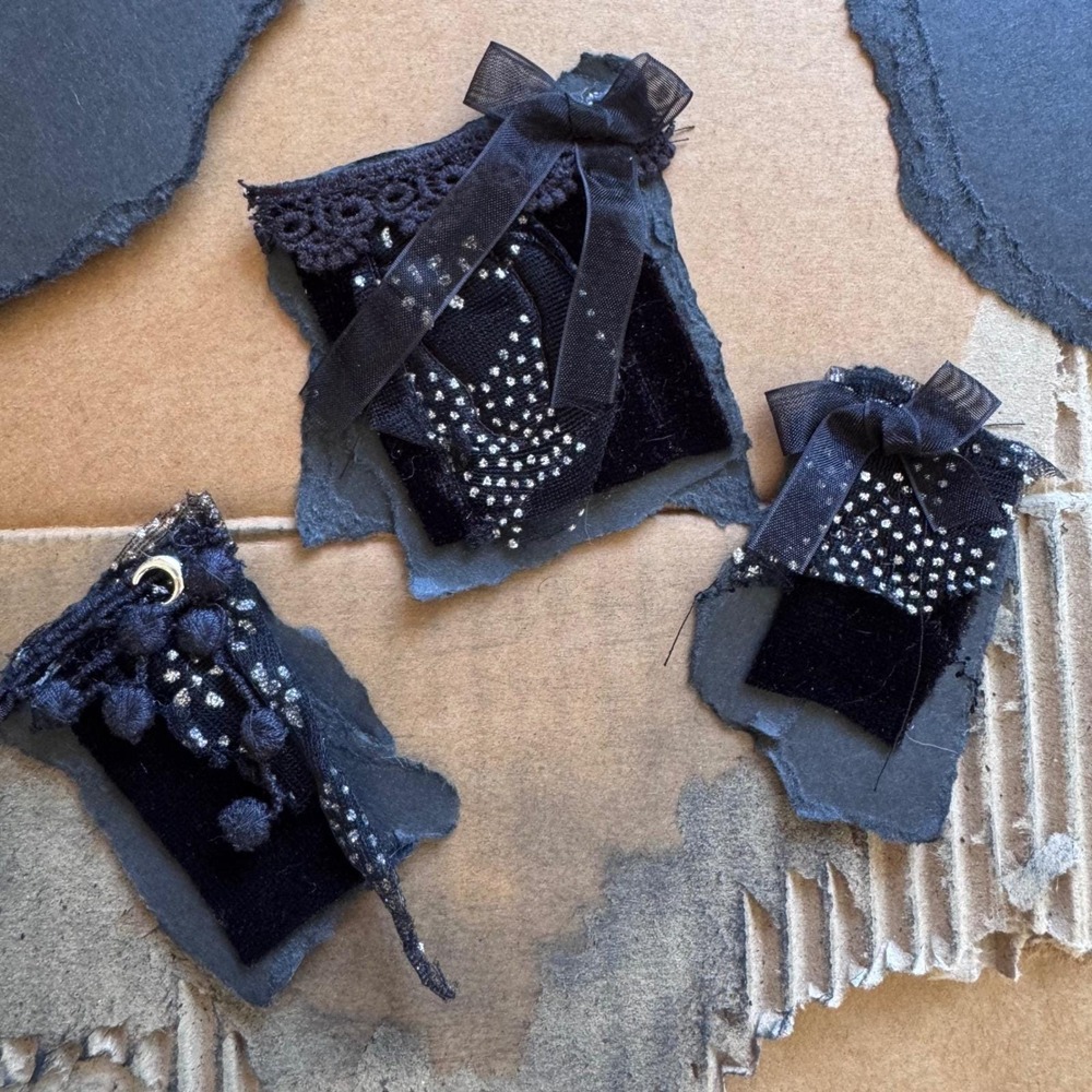 Handmade gothic scrappy tags set of 3 black silver celestial whimsigoth whimsy